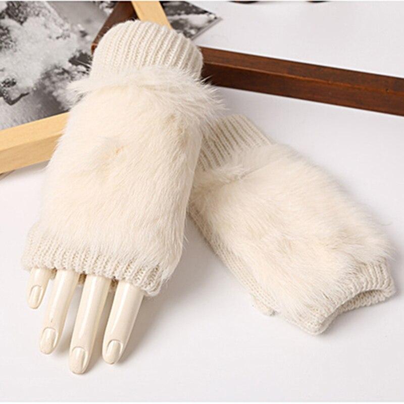 Winter Women's Warm Fluff Knitted Gloves Soft Half Finger Gloves Rabbit Fur Mittens