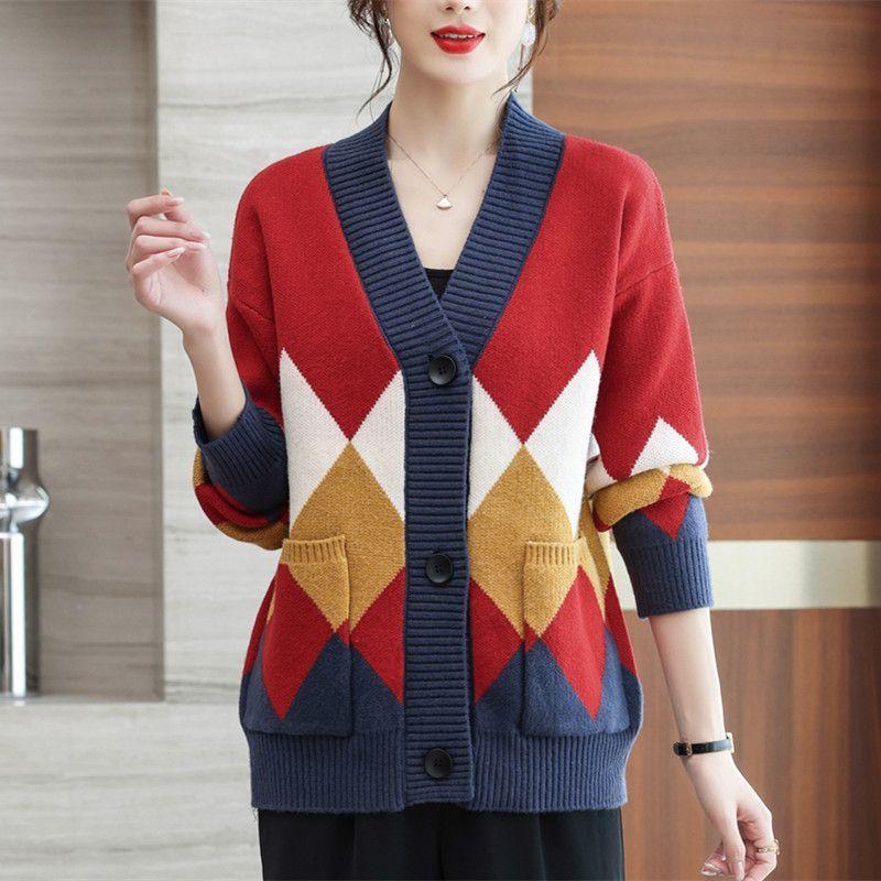 Осенне-зимний вязаный свитер, новый универсальный свитер с цветными блоками для женщин, стильный маленький кардиган, свитер с V-образным вырезом