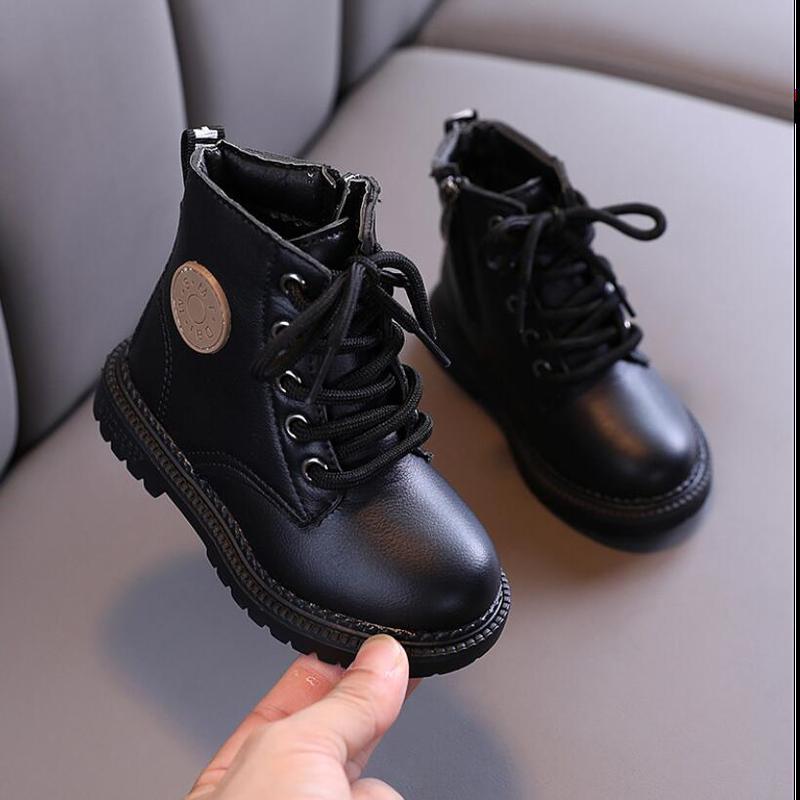 Осенне-зимние детские ботинки, кожаные зимние ботинки для мальчиков и девочек, плюшевые модные непромокаемые нескользящие теплые детские ботинки, обувь 21-30