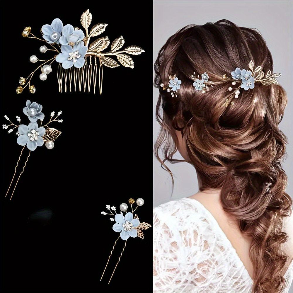 4Pcs/set Gold/Silver Flower Hair Comb Rhinestone Headpiece Luxury Bridesmaid Headwear  Prom Event