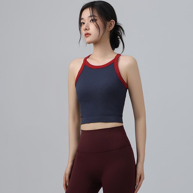 Спортивный бюстгальтер с высокой эластичностью и цветовым контрастом 2025: Женский ударопрочный фитнес-бра с фиксированными чашками для осени/зимы