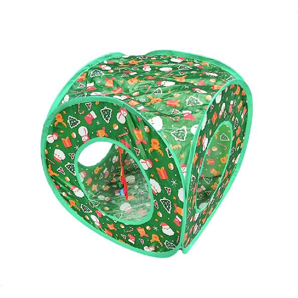 Christmas Cat Tunnel Cube Playhouse – Foldable Holiday Cat Cube with Peek Hole and Tunnel Fun for Indoor Cats