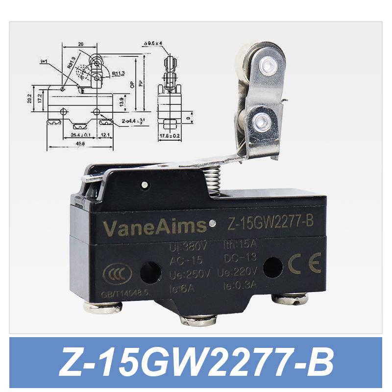 Z-15 Micro Limit switch Travel Switch Small Horizontal Roller Lever 15A 250V 1NO1NC Normally Open Normally Closed Travel Switch