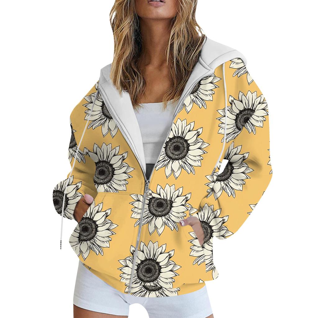 Женская толстовка с длинным рукавом и принтом, куртка с длинными рукавами и карманами, на молнии, пальто с капюшоном