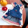 Fashion Trendy Denim Cherry Pet Dog Skirt Breathable Mesh Soft Vest Dog Denim Dress Washable Lace Cat Clothes Cats Kitten