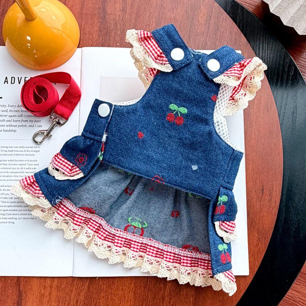 Fashion Trendy Denim Cherry Pet Dog Skirt Breathable Mesh Soft Vest Dog Denim Dress Washable Lace Cat Clothes Cats Kitten