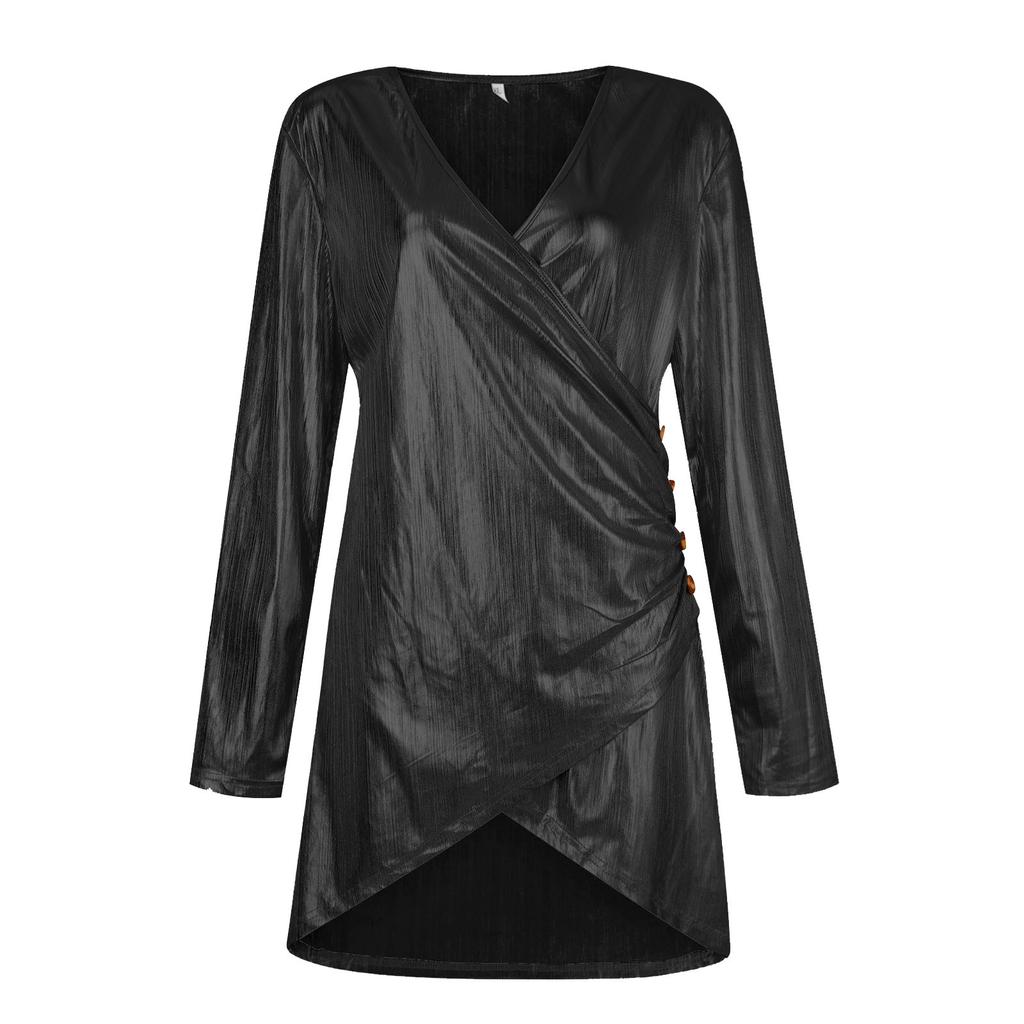 Женское сексуальное тонкое платье с V-образным вырезом и высокой талией, плиссированное бедро с длинным рукавом