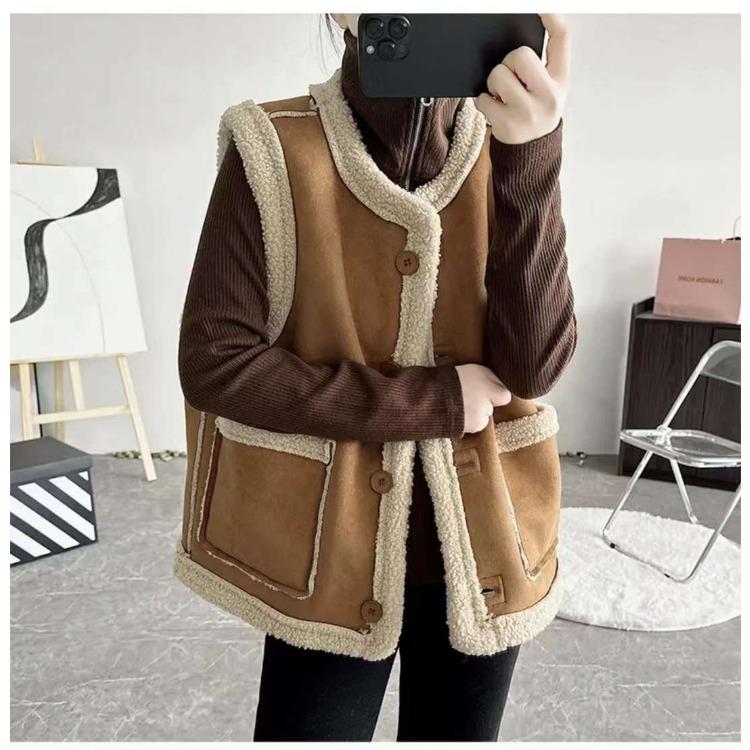 Двухсторонний жилет женский винтажный жилет из овчины двусторонний жилет осень-зима коричневый жилет