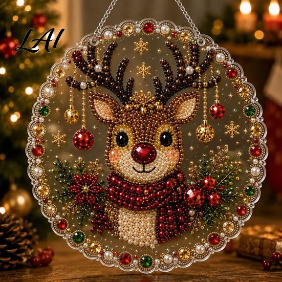 Decorative Ornaments for Garden Christmas DIY Faux Diamond Painting Hanging Santa Wreath Acrylic Pendant Pearl Holiday Celebration Party Supplies