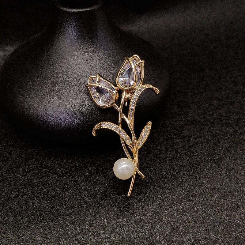 Высококачественная брошь-тюльпан с жемчугом - элегантная булавка для костюма с цветочным узором