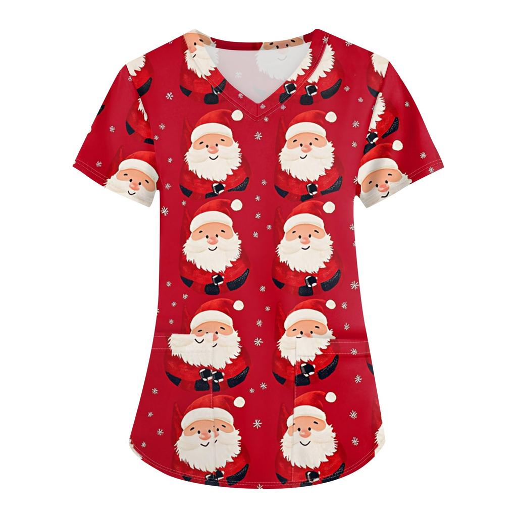 Plus Size Printed Scrub Working Uniform Tops For Women's Cross V Neck Christmas Print Short Sleeve Fun T-Shirts Workwear Tee With Pockets