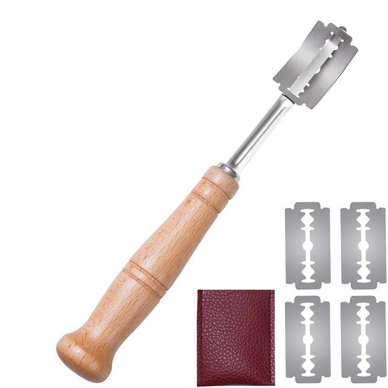 LMETJMA Премиум нержавеющая сталь хлеборезка с 5 сменными лезвиями изогнутый багетный хлеборезка с деревянной ручкой JT172
