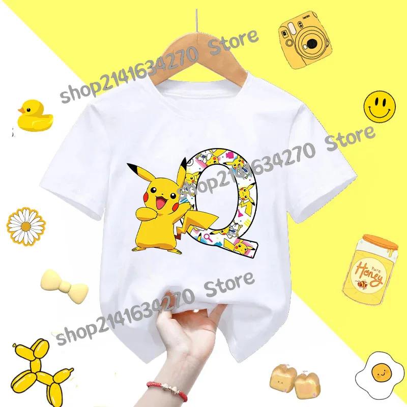 Short Sleeve Summer Tshirt Tops Cotton Tee for Pokemon Pikachu Anime AZ letters Printed Cute Clothing Children Casual Clothes