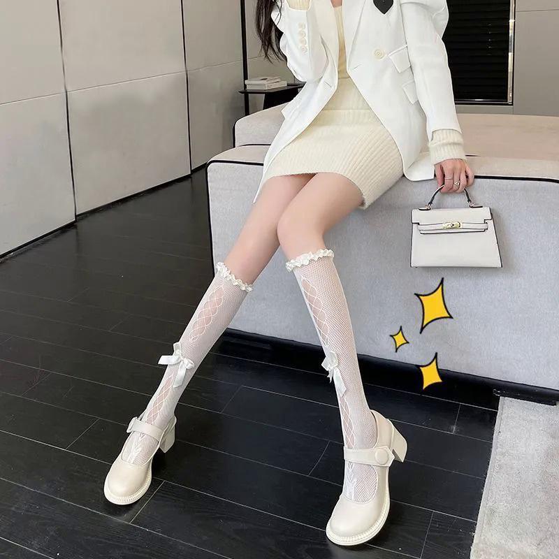 Милые кружевные ажурные чулки до колена в сеточку с бантом для женщин, милые Лолита Jk
