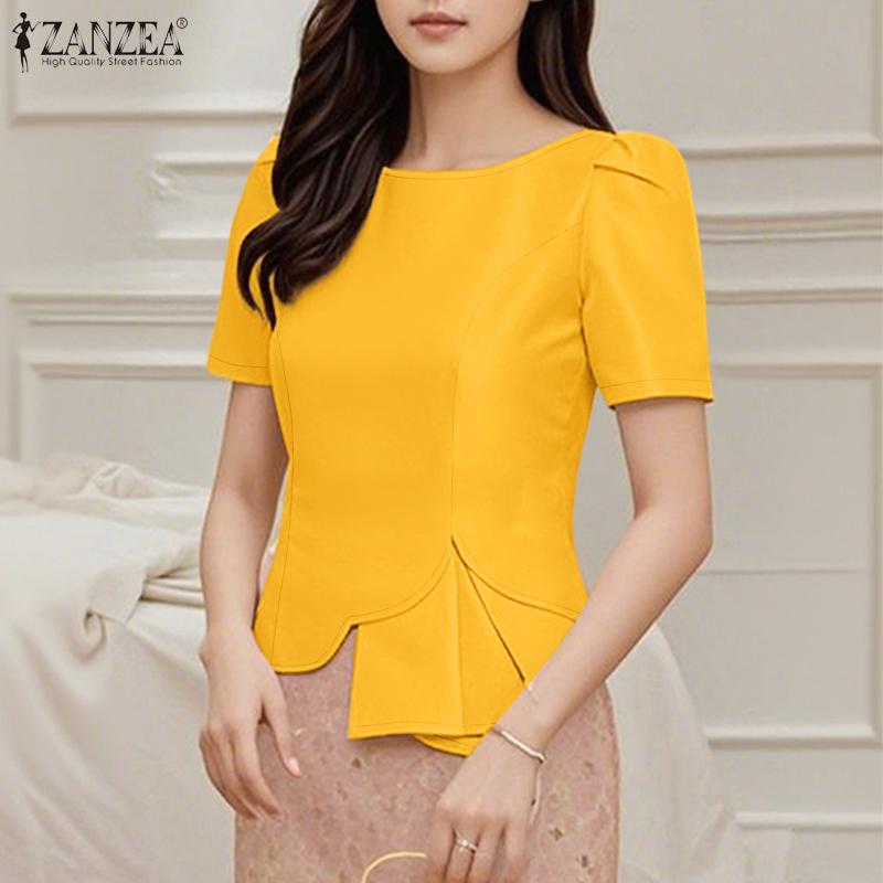 ZANZEA Женская летняя повседневная блузка с круглым вырезом и коротким рукавом