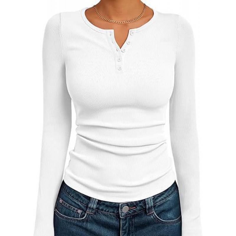 Womens Slim Fit Long Sleeve Henley Top 2026 Fall Basic Knit T-Shirt Casual Daily Wear