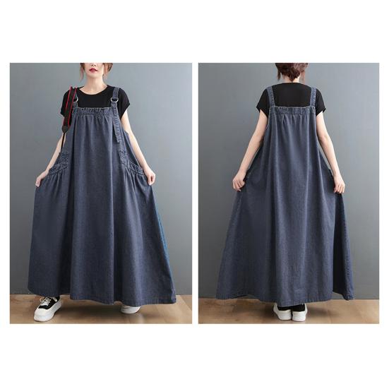 Yousheng Women's Denim Overall Dress Loose Sleeveless Boho Jean Jumper Dress with Pockets Wide Hem Pinafore Dress with Adjustable Strap