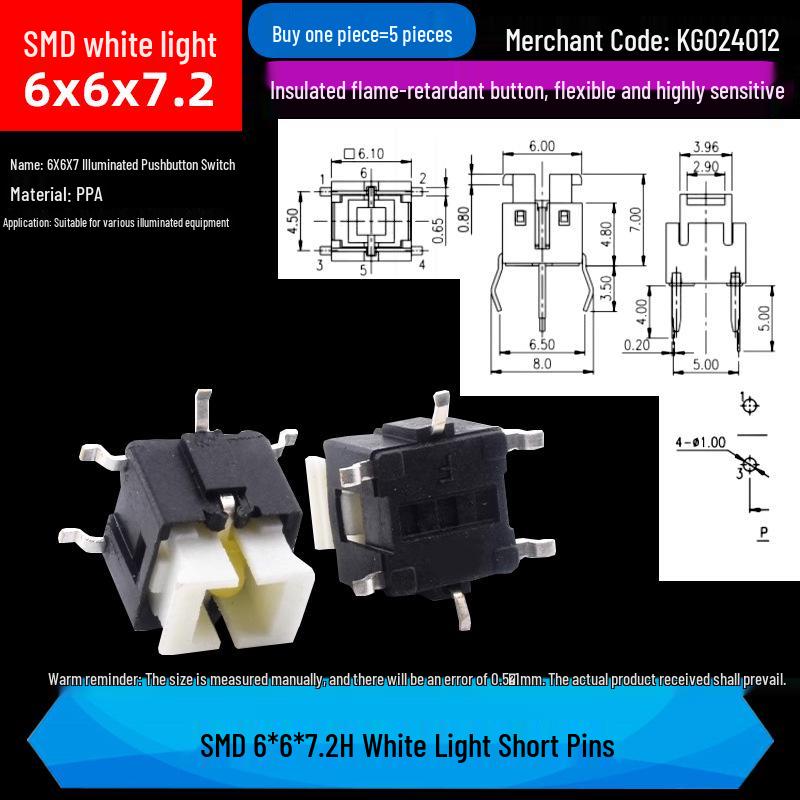 LED Luminous Tactile Switch 6x6x7/7.2mm Through-Hole Reset Button