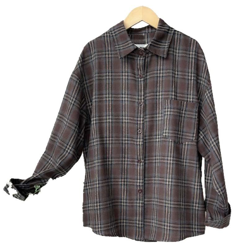 Retro long-sleeved lapel plaid shirt women's new spring and autumn Korean temperament casual loose and thin versatile shirt