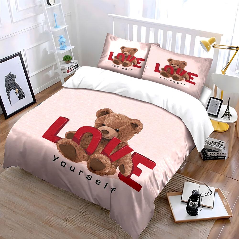 Teddy Bear Love Yourself Design Bedding Duvet Cover Set Duvet Cover Pillowcases (1*Duvet Cover 2*Pillowcases, without duvet insert)