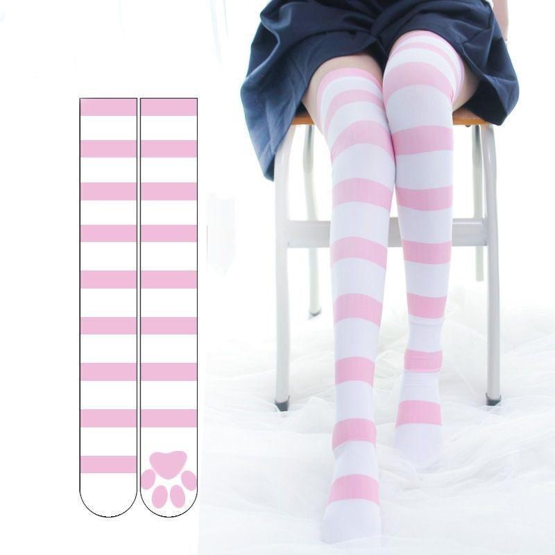 Striped Lolita Knee Socks with Pink Cat Claws and Dog Paws for Girls