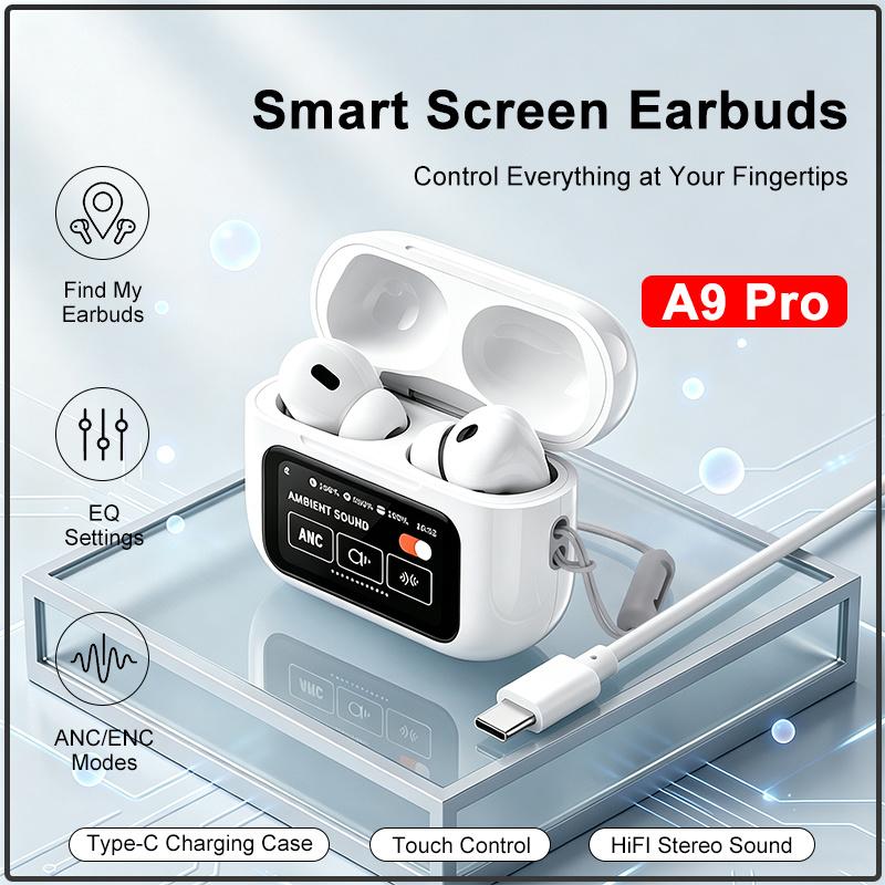 Новые Smart-экранные наушники A9 Pro Активное шумоподавление Режим окружающего звука Сенсорное управление Hi-Fi Стерео Аудио Зарядка Type-C Беспроводные вставные наушники