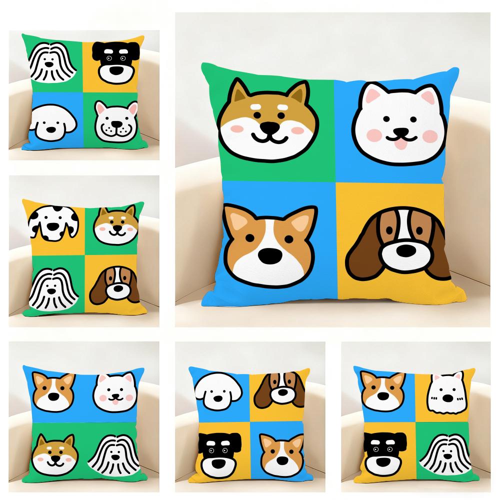 Cartoon Simple Cute Dog Cushion Cover Linen Pillowcase Soft for Sofa Bed Home Room Decor
