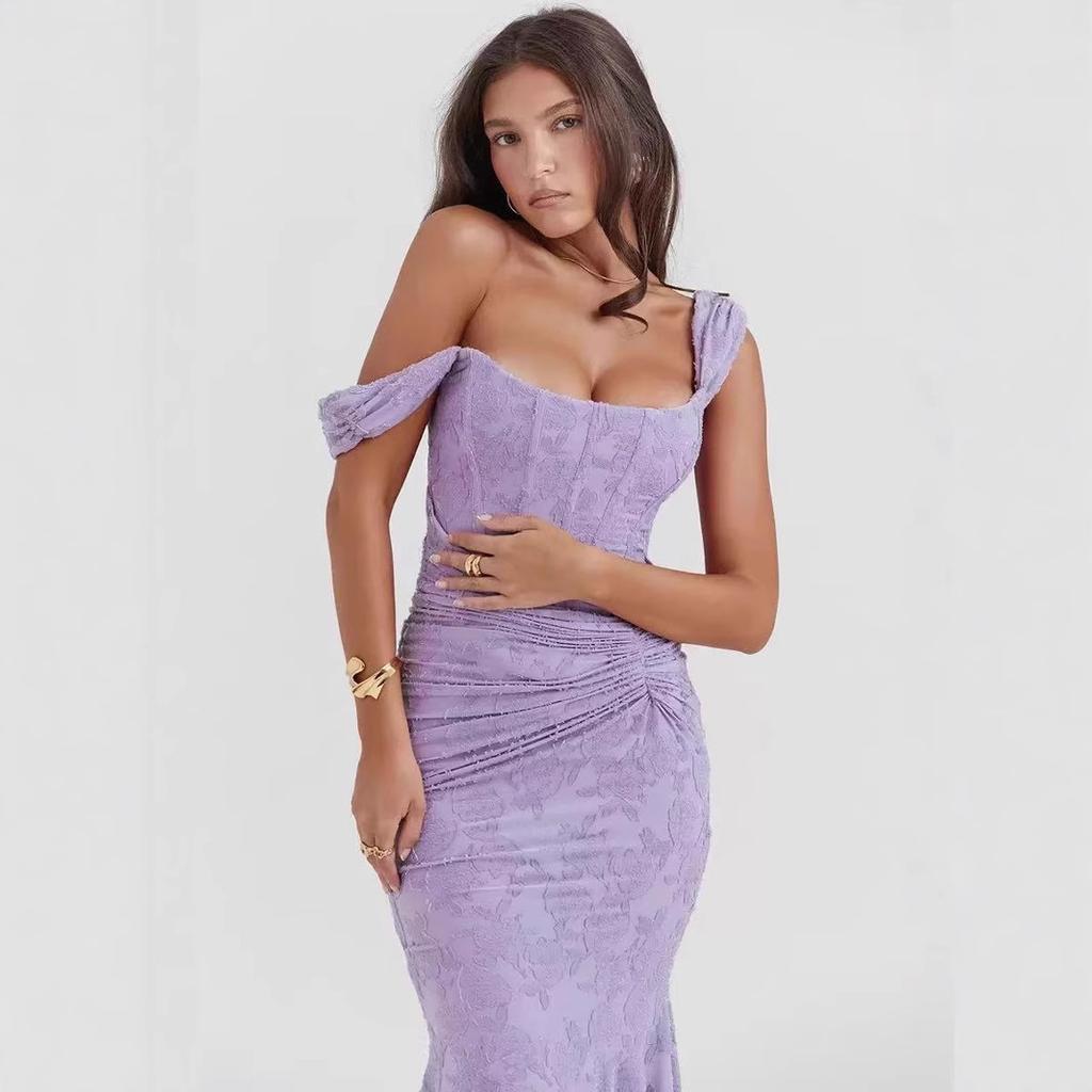 Off Shoulder Textured Jacquard Ruched Corset Mermaid Dress Stretch Slim Fit Asymmetrical Hem Elegant Evening Cocktail Wedding Guest Formal Party Gown