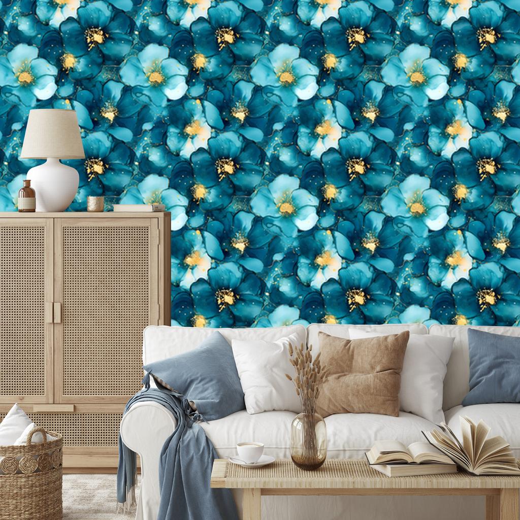 Ink Wallpaper Turquoise, Celadon and Navy Blue for Living Room and Bedroom 50x1000