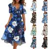 Women's Loose Casual V-Neck Flared Skirt Short Sleeved Printed Dress Printed Dress