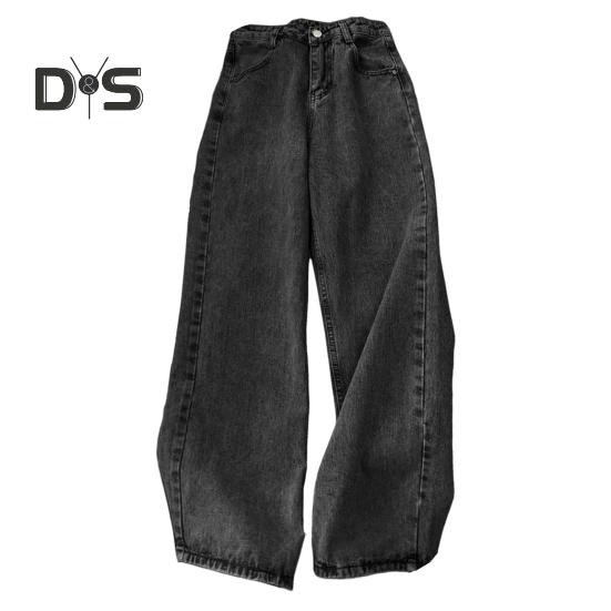 Women Jeans Straight Wide Leg High Waist Solid Color Loose Pockets Button Zipper Closure Retro Floor Length Streetwear Long Trousers
