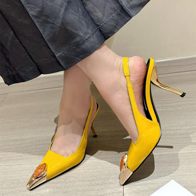 Fashion Metal Jewelry Decorated High Heels Women Sexy Pointed Toe Patent Leather Slingback Heeled Sandals Elegant Party Wedding Shoes