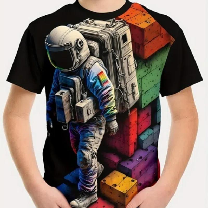 Креативная футболка с принтом астронавта для мальчиков, повседневный легкий и удобный топ с короткими рукавами, летняя детская выходная одежда