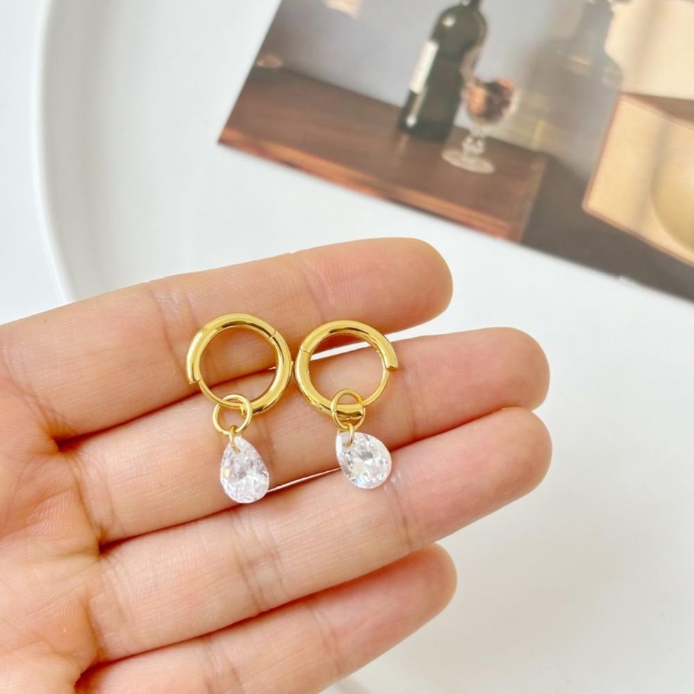 Hip-hop Personality Shiny Teardrop-shaped Zircon Pendant Gold Color Stainless Steel Hoop Earrings for Women Fashion Jewelry Gift