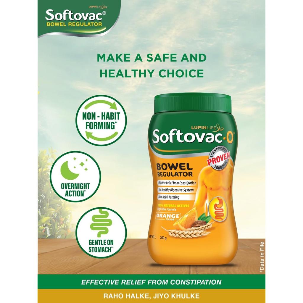 Softovac-O Isabgol Bowel Regulator Powder Orange Flavour 250 G Natural Digestive Support Constipation Relief Gas and Bloating Aid for Adults
