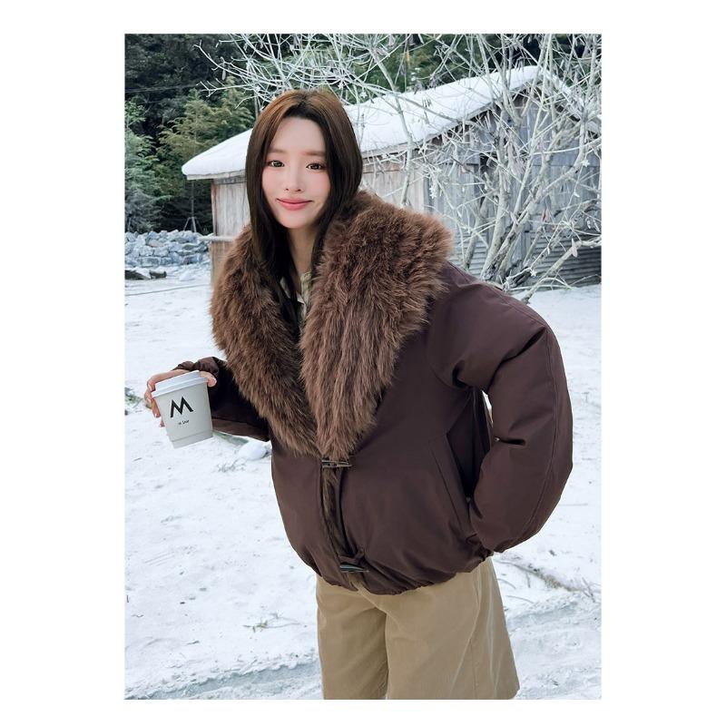 Women Thick Fur Collar Workwear Padded Parka Long Sleeve Winter Coat