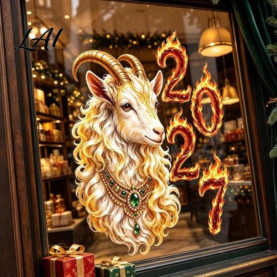 Professional Holiday Window Sticker 2027 Year of Goat Cling Golden‑White Zodiac Static Glass Cling Sticker Lunar New Spring Festival Decor