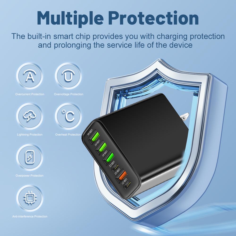 3.1A Multi-Port Charger: 2 Type-C PD + 4 USB for Mobile Phones - Travel-Friendly Charging Hub
