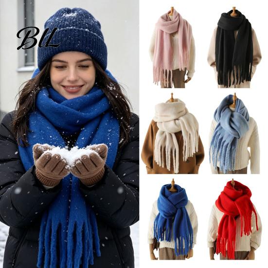 Thermal Cold Weather Scarf Thickened Imitation Rabbit Velvet with Tassels for Women, Solid Color Stylish Long Draped Neck Wrap, Warm Winter