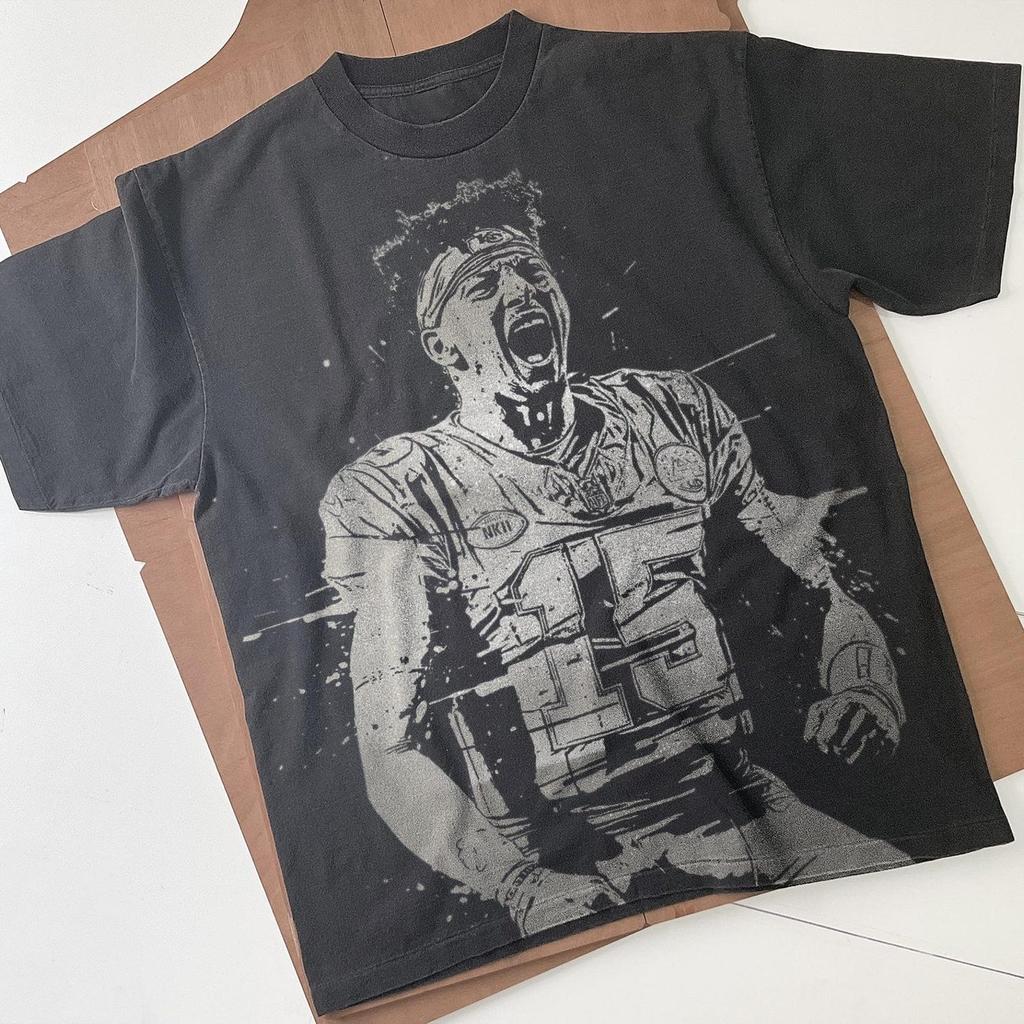 Patrick Mahomes Shirt: Handmade Bleached Faded Black Football Tee