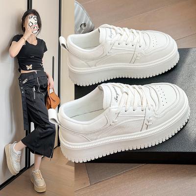 Кожаные маленькие белые туфли женские 2024 осень новые универсальные туфли на платформе, туфли на толстой подошве, увеличивающие рост, с неглубоким вырезом, одинарные туфли, на четыре сезона wo