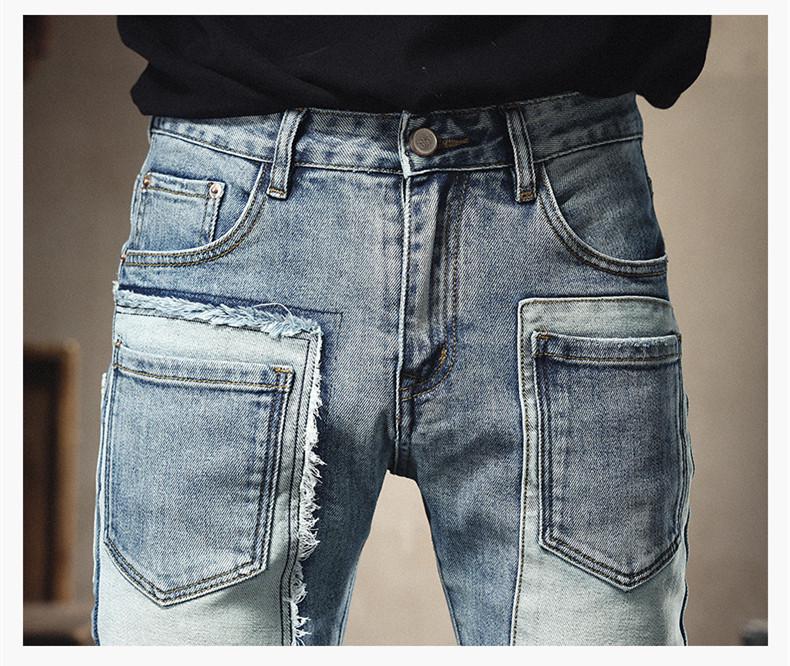 Мужские модные облегающие джинсы в стиле пэчворк с множеством карманов и контрастными цветными заплатками