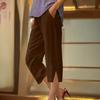 Women Cropped Pants Elastic Waist Wide Leg Beach Pants with Pockets Solid Color Casual Loose Fit Pants