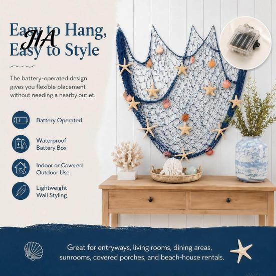 Ocean Inspired Backdrop Fishing Net Wall Decoration, Lighted Coastal Art, Light-Up Decorative Theme Room Decorations Netting Hanging for Beach