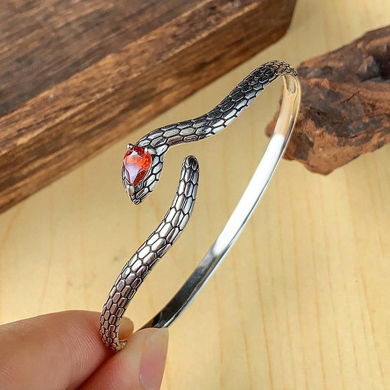 Foxanry Red Green Zircon Snake Cuff Bracelets For Women Couples Vintage Simple Trendy Elegant Personality Birthday Jewelry Gifts