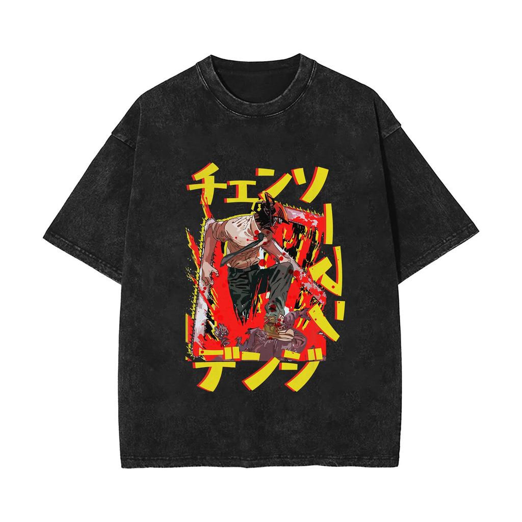 2025 New Summer Release Chainsaw Man Cartoon Anime Wash-Distressed Vintage Cotton Short-Sleeve T-Shirt - TT8958