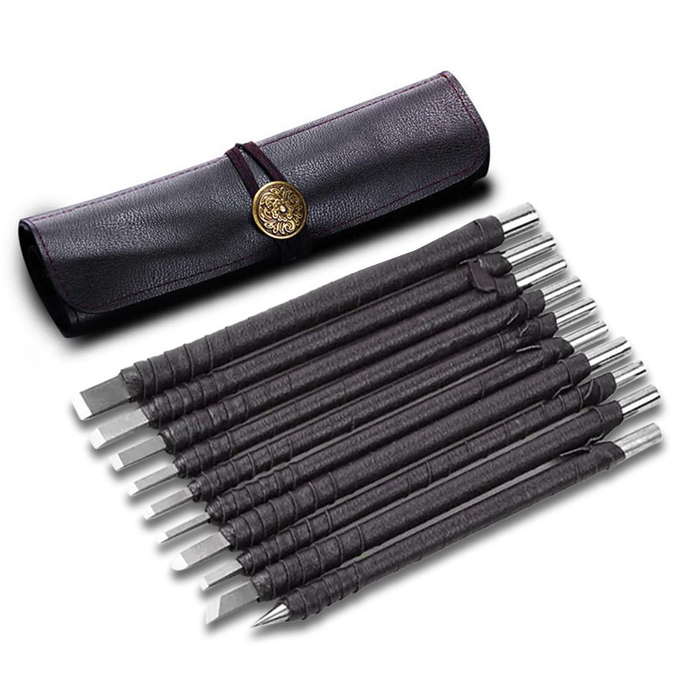 Professional 10Pcs Tungsten Steel Stone Carving Kit Hand Tools Set Chisel Woodworking Engraving Cutting Blade for Stone Seal