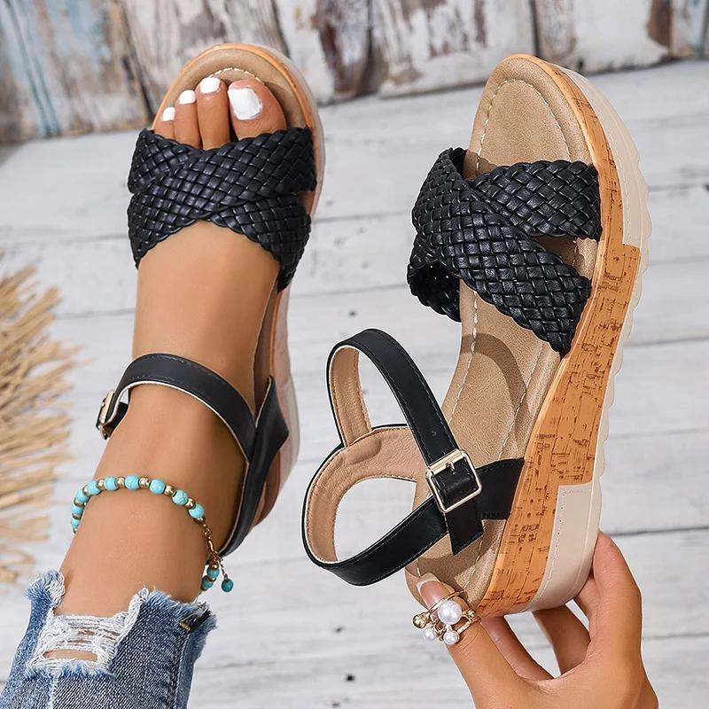 Fashion Woven Ankle Strap Wedge Heels Sandals Woman Fashion Braided Platform Rome Shoes Women Summer 2025 Thick Bottom Beach Sandalias