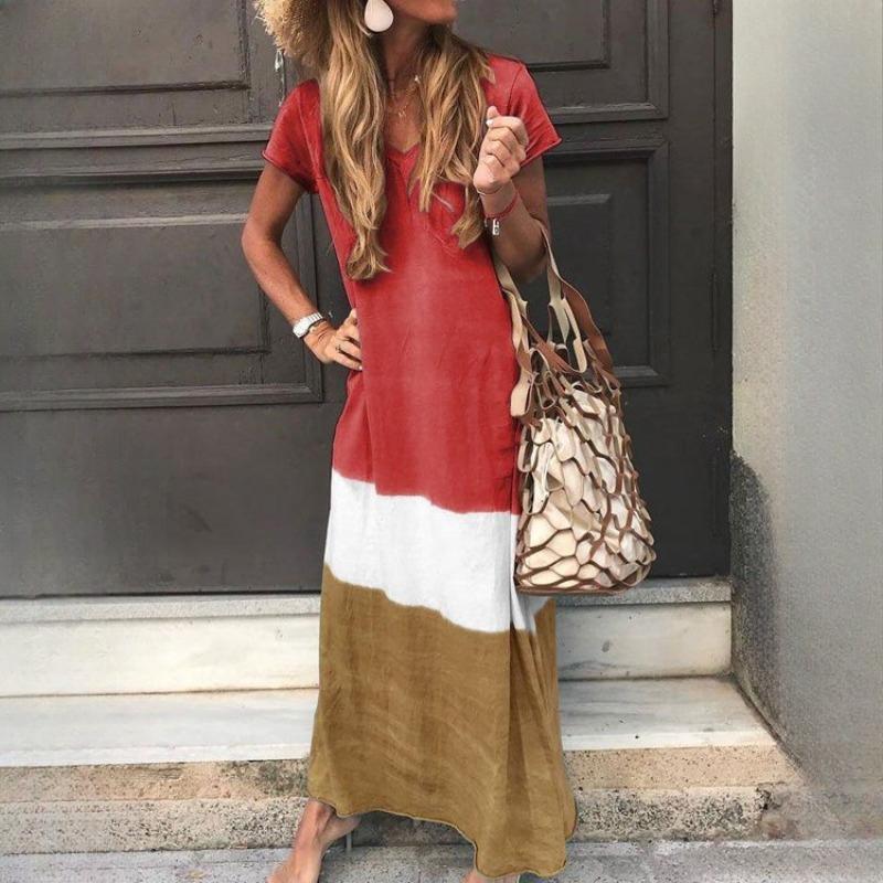 QICED Большие размеры Весна и лето Женские свободные платья с коротким рукавом и цветовым столкновением