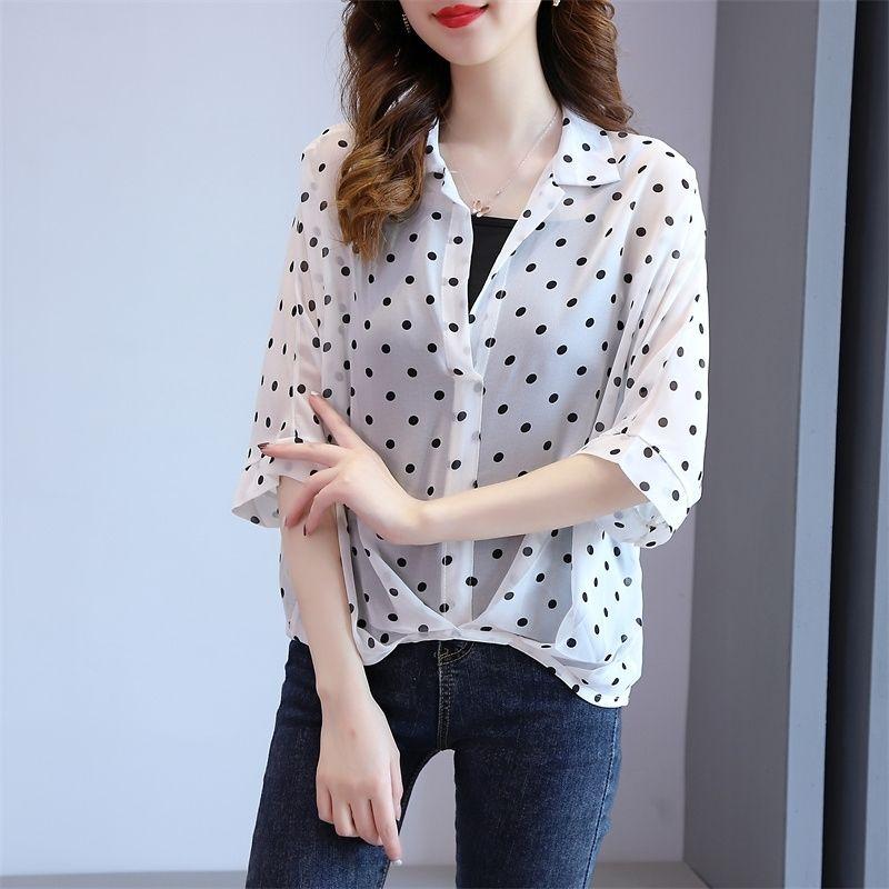Летняя женская шифоновая рубашка, модный асимметричный пуловер, рубашка из двух частей, шифоновый топ с рукавами «летучая мышь»